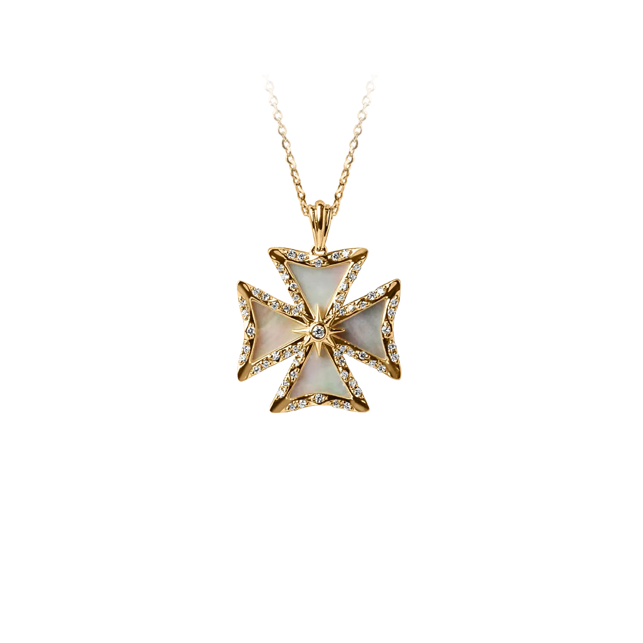 Malta Cross Pendant with Mother of Pearl and Diamonds in 18kt Yellow Gold